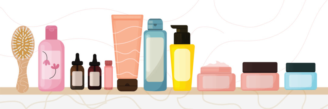 Collection of Skin care and cosmetics products and comb. Flat vector illustration