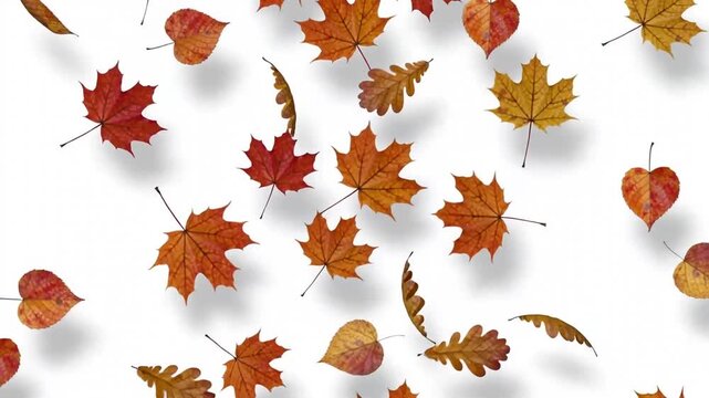 Autumn leaves falling on clean white background with colorful foliage ideal for multiply blend compositing in bright seasonal designs