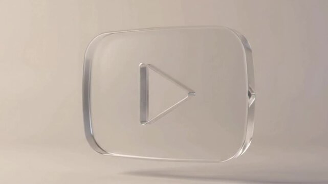 Transparent 3D glass play button icon floating in motion media player