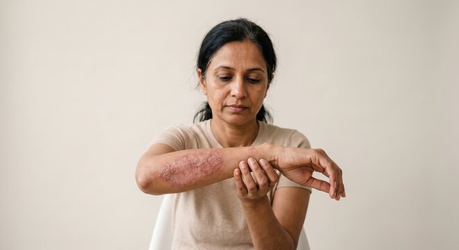 Mature woman holding forearm displaying red scaly chronic plaque psoriasis lesion
