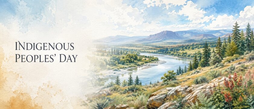 Indigenous Peoples Day banner featuring mountain river landscape, evergreen forest, autumn foliage, and elegant English holiday lettering with spacious left copy area for October awareness campaigns