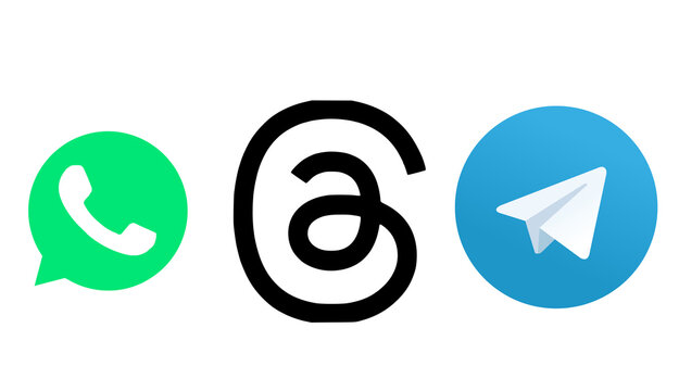  Whatsapp threads and telegram logos for social media and mobile communication editorial.