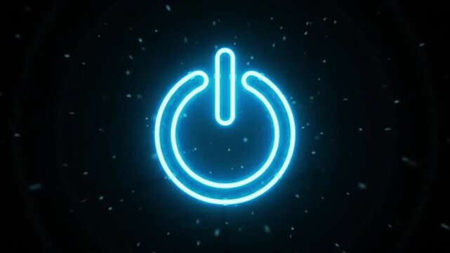 Glowing neon blue power button symbol on dark background neon light