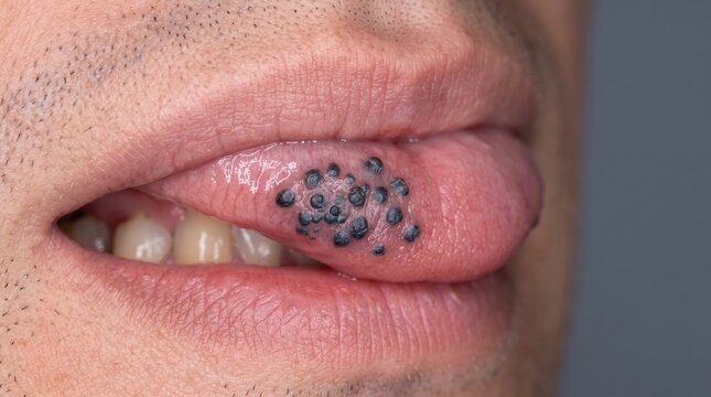Macro Shot of Venous Lake Lesions and Vascular Dilations on Male Lower Lip