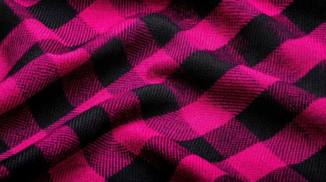 Pink black checkered fabric draped with soft ripples in a macro textile studio shot for fashion retail and textile design branding
