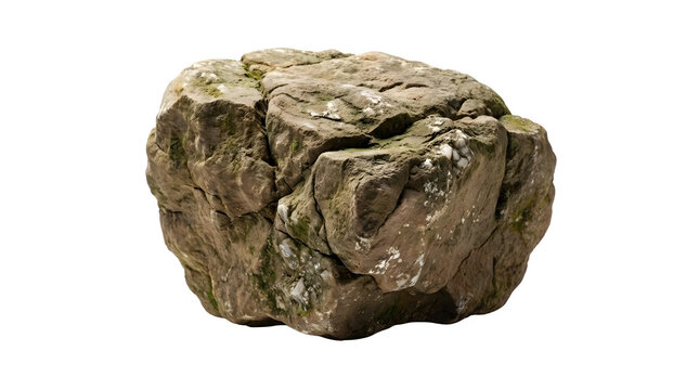 Natural stone boulder with rough cracked mossy texture isolated on white background, large grey rock element, mineral geology object for design composition