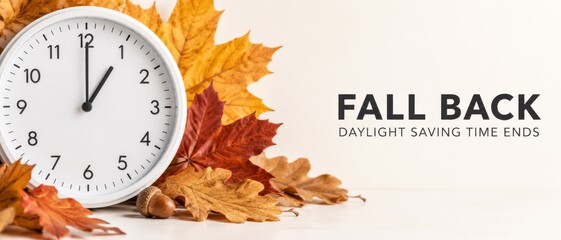 Obraz premium Daylight saving time ends concept with analog clock, autumn leaves, acorns, and Fall Back lettering on white horizontal banner, seasonal time change reminder with generous copy space for advertising