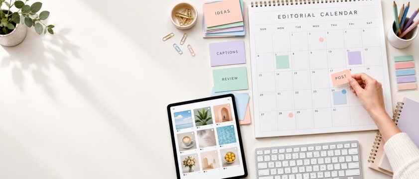 Content calendar planning workspace with tablet, editorial schedule, pastel notes, keyboard, and hand marking dates, supporting influencer marketing, social media strategy, organized business workflow