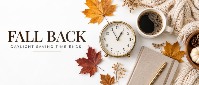Fall Back daylight saving time ends concept with vintage clock, coffee, notebook, autumn leaves and warm knit accessories arranged on white background with copy space for seasonal messaging and time