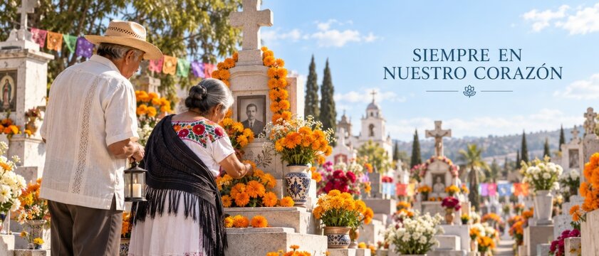 Dia de los Muertos cemetery celebration with Mexican couple honoring graves, marigold altars, crosses, flowers, Spanish remembrance text Siempre en nuestro coraz&oacute;n, cultural memorial scene with copy
