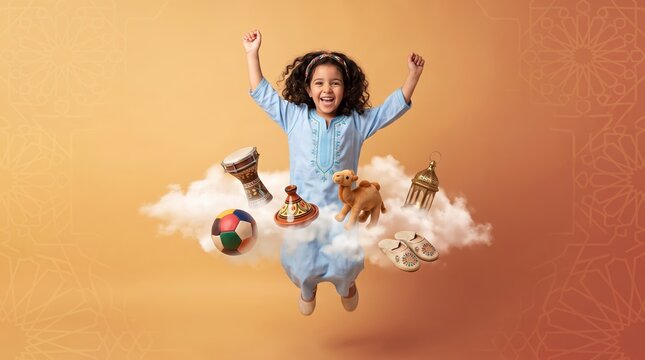 Happy Moroccan girl in embroidered caftan jumping among floating darbuka drum, tagine, brass lantern and toy camel