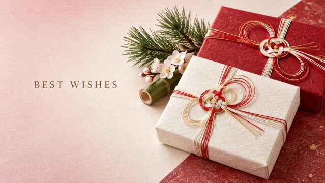 Japanese New Year gift boxes with mizuhiki cords, pine branches, plum blossoms, and Best Wishes lettering on pink and red background, festive seasonal greeting card composition with copy space