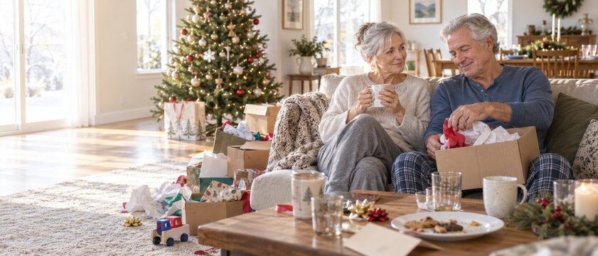 Mature couple enjoying quiet after holiday morning at home, relaxing beside decorated Christmas tree, gifts, coffee and festive breakfast in sunlit living room, cozy seasonal lifestyle scene with copy