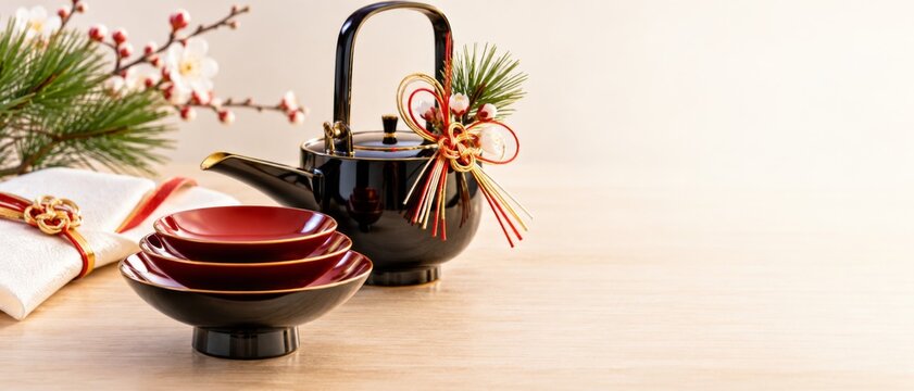 Japanese New Year table arrangement featuring black kettle, red lacquer bowls, pine branches, plum blossoms, and decorative mizuhiki cords, with spacious horizontal copy area for seasonal greeting or