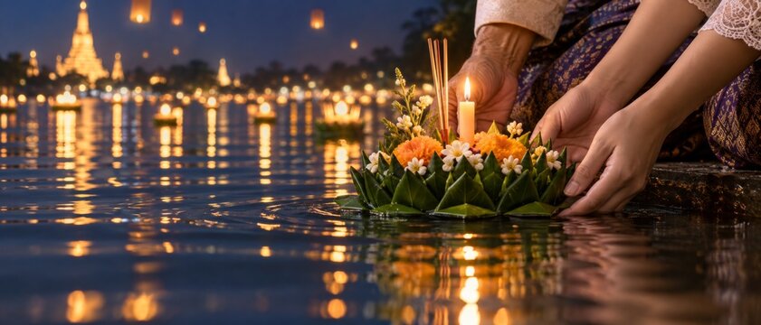 Loy Krathong festival ceremony with women placing flower krathong offerings on reflective river at night, glowing temple lights, Thai culture, spiritual tradition, and festive waterfront atmosphere