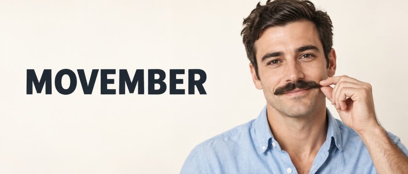 Movember mustache awareness banner featuring smiling man in blue shirt touching facial hair beside bold English text, promoting men health month, wellness campaigns, fundraising, prevention, and copy