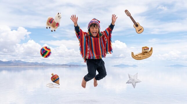 Joyful Bolivian boy in striped poncho and knitted hat jumping over a mirror salt flat among alpaca toy and charango