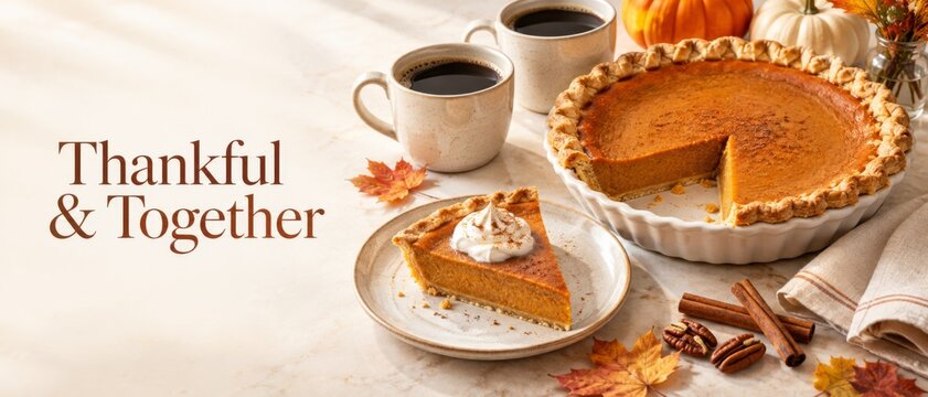 Thanksgiving pumpkin pie with coffee, autumn leaves, and Thankful and Together greeting text, arranged on rustic table as warm seasonal food banner with generous copy space for holiday marketing