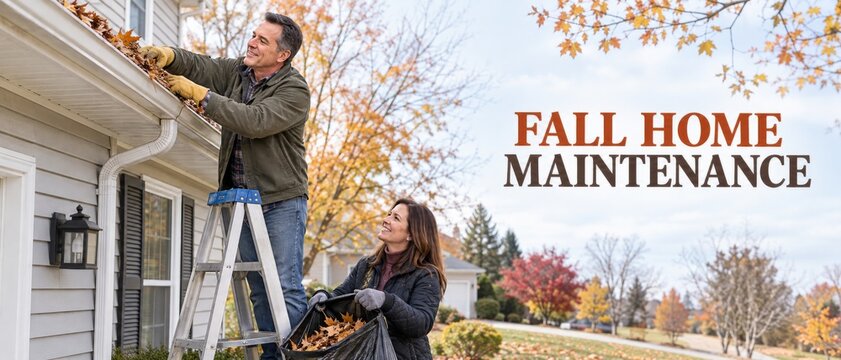 Fall home maintenance scene showing man cleaning gutters from ladder while woman collects leaves, with seasonal trees and Fall Home Maintenance text for autumn lifestyle, property care, and service202