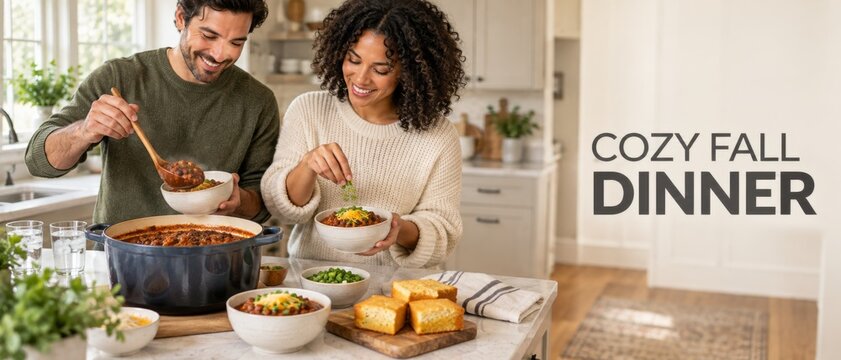 Couple enjoys cozy fall dinner in modern kitchen, serving homemade stew and colorful vegetables beside cornbread, with visible Cozy Fall Dinner lettering and open copy space for seasonal lifestyle or