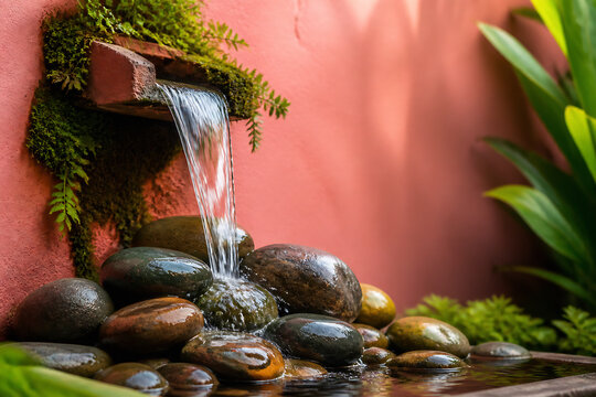 A small stream of water flows from a moss-covered stone structure into a pool among smooth river rocks against a reddish wall with lush greenery.