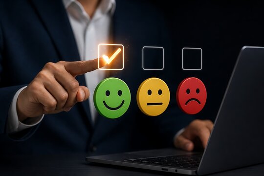 Businessman giving customer satisfaction feedback using holographic smiley face rating buttons