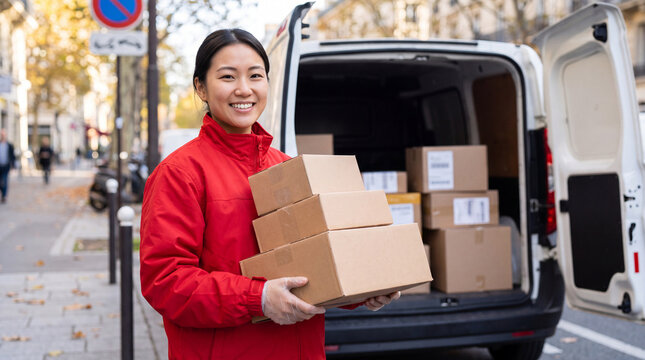 Smiling courier carrying stacked cardboard parcels beside an open delivery van on a tree lined urban street