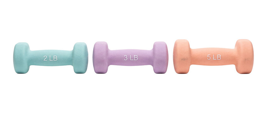 Colorful dumbbells fitness set weights in pastel blue purple orange lined up on black background for home workout strength training light exercise equipment active lifestyle health studio banner