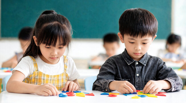 Children play with colored shapes in a classroom during a learning activity in the day
