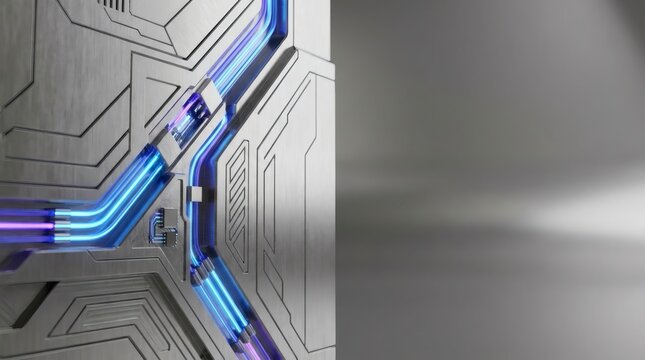 Futuristic sci fi metallic cyber panel with glowing blue neon energy conduits and smooth gray copy space