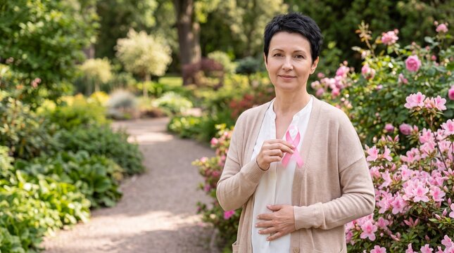 Woman holding pink ribbon in blooming garden, wearing soft cardigan and standing along a sunlit landscaped pathway outdoors