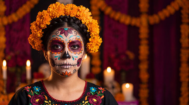 Sugar skull face paint and marigold flower crown on woman wearing embroidered clothing, portrait for Dia de los Muertos cultural celebration