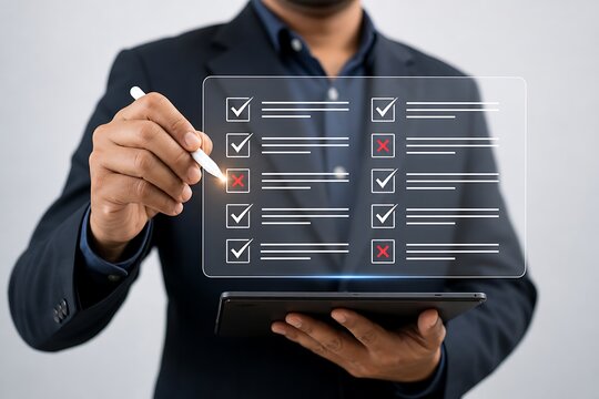 Businessman using a digital tablet with a holographic checklist questionnaire overlay