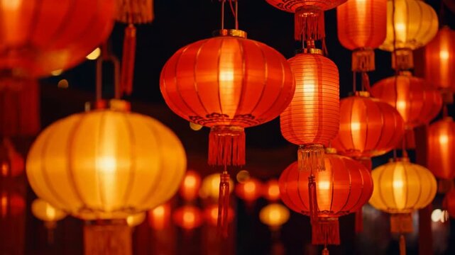 Group of glowing paper lanterns hanging together in warm festive light with gentle swaying motion for celebration video backgrounds