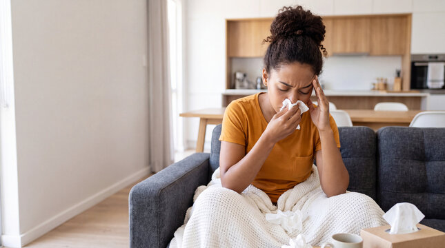 Woman wrapped in blanket blowing her nose while sitting on a sofa in a bright modern living room at home