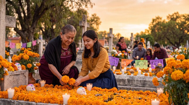 Older woman and young woman arranging orange marigolds at a decorated cemetery altar during Dia de los Muertos observance