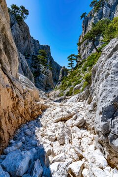 Rocky mountain pass featuring white limestone boulders between steep cliffs for outdoor adventure and geological tourism branding