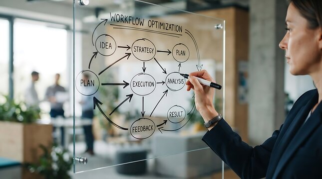 Professional businesswoman drawing a workflow optimization diagram on a glass board in a modern office.