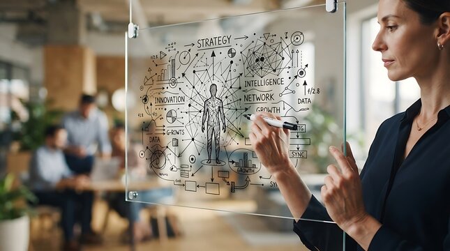 Professional businesswoman drawing a complex business strategy diagram on a glass board in a modern office.