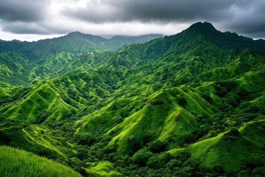 Tropical mountains rising under a moody overcast sky in a sharp landscape shot for travel agency marketing and environmental branding