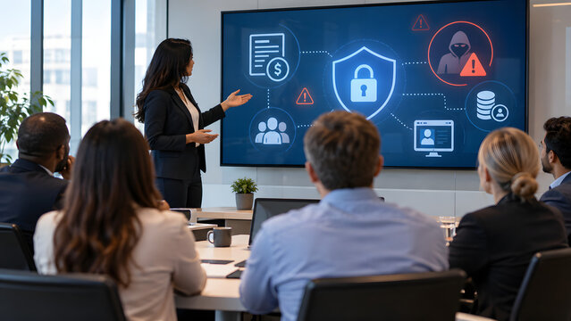Team attending payroll security briefing in office