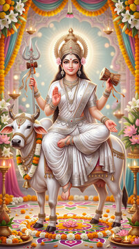 Goddess Mahagauri rides a white bull adorned with bells. She wears a pristine white sari and gold crown, holding a trident and drum amidst glowing diyas and rangoli.