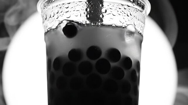 Black and white close-up of a refreshing boba milk tea drink with tapioca pearls and condensation