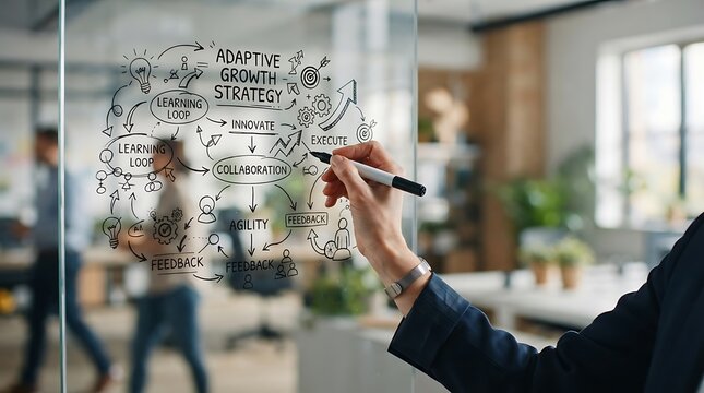 Business professional drawing an adaptive growth strategy diagram on a glass wall in a modern office.