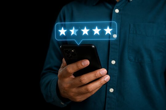 Person holding a smartphone displaying a five star rating review hologram in a dark room