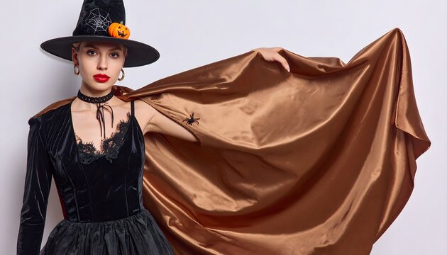 A woman in a witch hat and black dress holds a large golden cape flowing gracefully behind her.