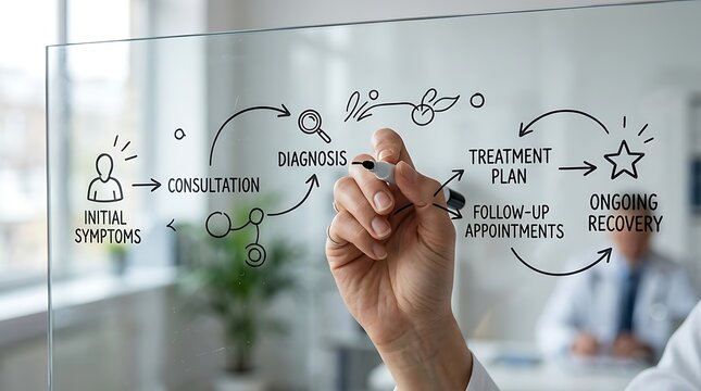 Doctor drawing a medical treatment process flow chart on a glass board in a clinic.