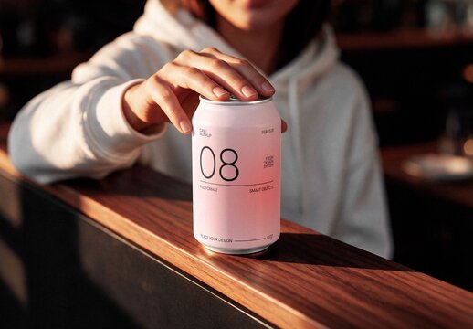Soda Can On Bar Counter Mockup For Branding And Merchandise Design