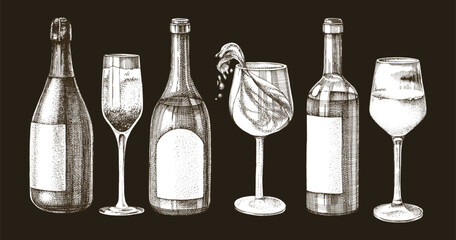 Obraz premium Wine bottles and glasses vector sketch