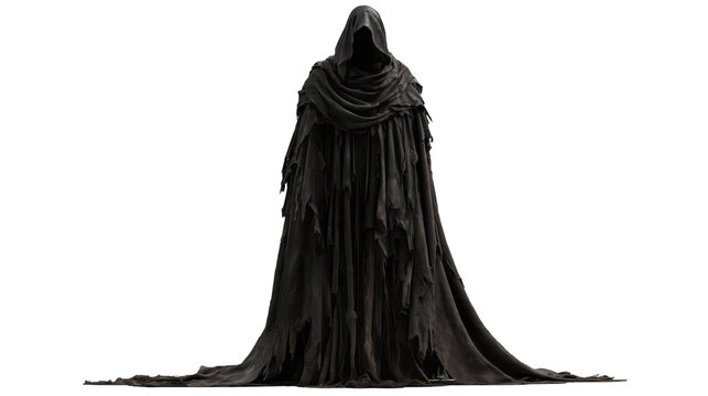 A mysterious hooded figure in dark, ragged robes isolated on transparent background
